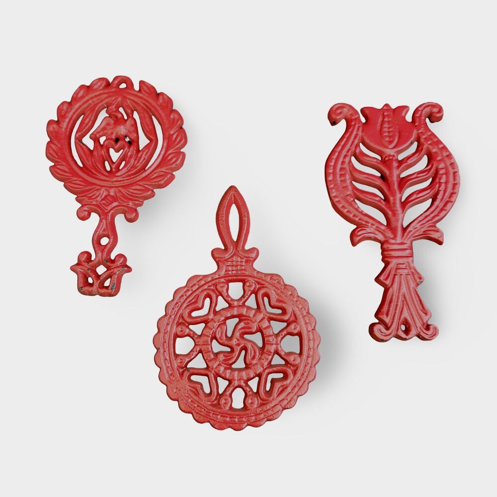 Set of 3 Cast Iron Trivets Red Enamel Eagle Tulip Wheel Folk Art Wilton Country